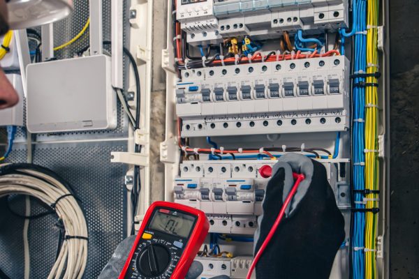 Man, an electrical technician working in a switchboard with fuses. Installation and connection of electrical equipment. Professional uses a tablet.